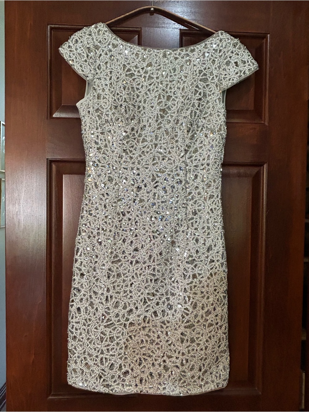 Adrianna Papell Silver Beaded Sequin Lace Sheath Dress US 2